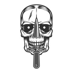 Concept with skull pierced with knife in vintage monochrome style isolated vector illustration