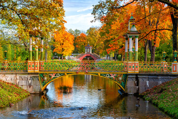 Cross bridge and Chinese bridges in Alexander park in autumn, Pushkin (Tsarskoe Selo), Saint...
