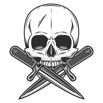 Gangster skull with crossed knives in vintage monochrome style isolated vector illustration