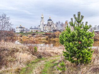 The Tura River and the Cathedral of Michael the Archangel and the Church of Simeon of Verkhoturye. The village of Merkushino. Sverdlovsk region. Russia