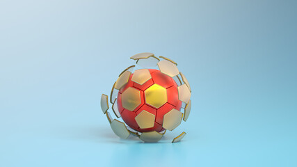 Soccer or european football concept. Soccer ball with fractured segments hexagonical shape. 3d rendering