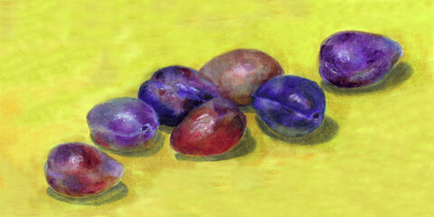 Still life with ripe plums lying on a yellow background
Marker drawing
