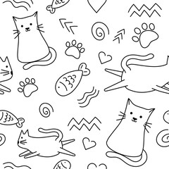 Cartoon Doodle Comic Outline Vector Seamless Pattern And Background Of cute Cat.