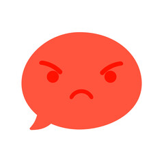 Vector round isolated emoticon emoji on white background. Red symbol of evil, disapproval, with frowning eyebrows. Chat element. Fashionable, flat, cartoonish. Dialogue bubble, cute dialog box.