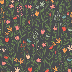 Floral seamless pattern. Hand drawn flowers. Vector background. 