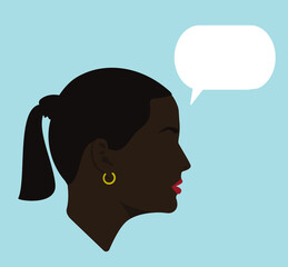Portraits. Silhouette of black girl with dialogue speech bubble. Conversation. Dialogue. Black woman. Female avatar face.