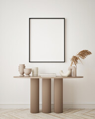 mock up poster frame in modern interior background, living room, minimalistic style, 3D render, 3D illustration