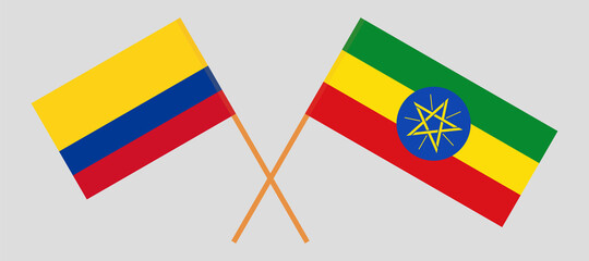 Crossed flags of Colombia and Ethiopia. Official colors. Correct proportion