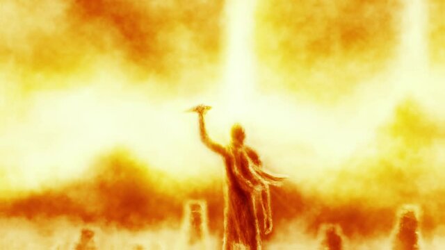 Radiant monk raises a ritual dagger above his head. Ancient gods worship. Ray of light over sacred mountain. 2D animation horror fantasy genre. Orange background. Animated short film. Burning effect.