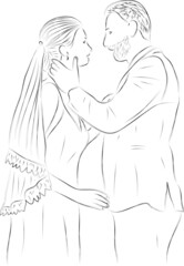 A cartoon illustration of a bride and groom standing together and hugging