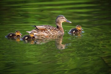 A wild brown mallard duck, a mum with three cute little ducklings swimming in green lake on a spring day. Reflection in the water.