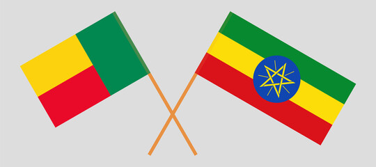 Crossed flags of Benin and Ethiopia. Official colors. Correct proportion