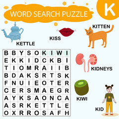 Vector educational game for kids. A puzzle for finding words starting with the letter K