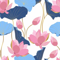 Golden lotus flowers and blue leaves, simple line arts on white background. Luxury gold wallpaper design for prints, banner, fabric, poster.