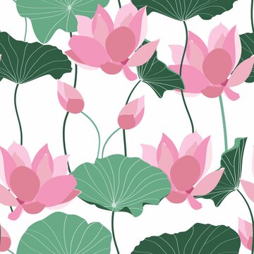 Green abstract lotus flowers and leaves, simple line arts on white background.Wallpaper design for prints, banner, fabric, poster.