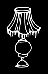 Vector lamp under a lampshade with a fringe. Vector insulated table lamp with a pattern of lines and fringes drawn in a doodle style with a white line on a black background for label design template, 