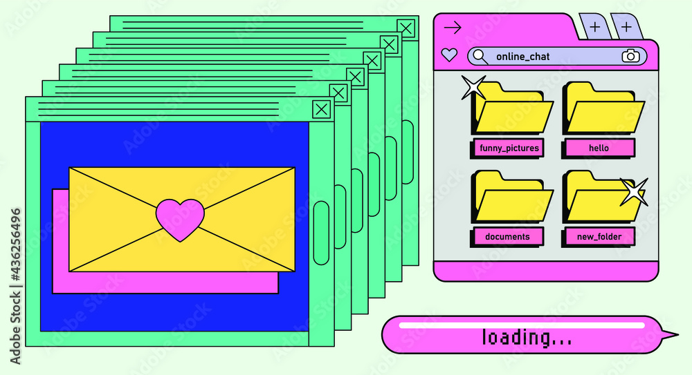 Poster Retro style desktop with message boxes, terminal console window and user interface elements.