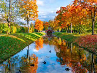 Cross bridge in autumn in Alexander park, Tsarskoe Selo (Pushkin), Saint Petersburg, Russia