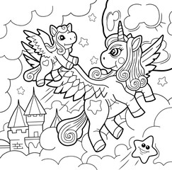 Fototapeta na wymiar cartoon cute pony unicorn, coloring book, outline illustration