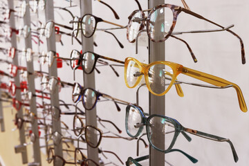 Optics salon. Shop window of modern beautiful eyeglasses.  glasses shop