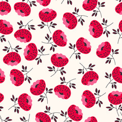 Seamless floral pattern based on traditional folk art ornaments. Colorful flowers on light background. Scandinavian style. Sweden nordic style. Vector illustration. Simple minimalistic pattern