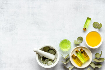 Herbal medicine natural cosmetics. Eucalyptus leaves in white mortar, top view