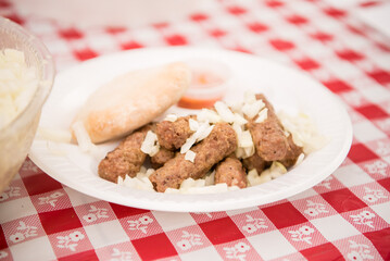 Greek sausage Loukaniko with fresh baked bread. Top view