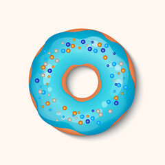 Donut with color icing and multicolored powder isolated on a white background. 3d realistic food icon. Template modern design for invitation, poster, card, fabric. Realistic vector illustration