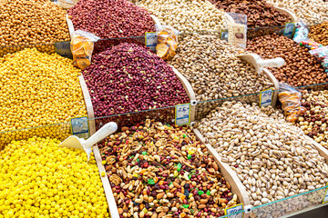 Various nuts are sold at the market