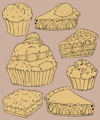strawberry cream puffs and cupcakes chocolate ships strawberry jams pie caramel cake. Bakery homemade vector and illustration.