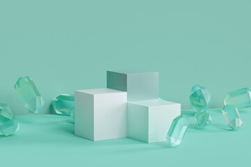 Green mint podiums or pedestals for products or advertising with glass crystals on pastel background, minimal 3d illustration render