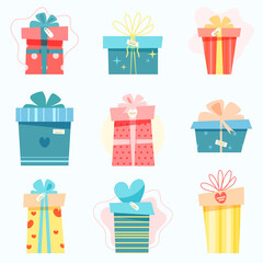 Present boxes collection. Cute design for greeting card. Vector illustration