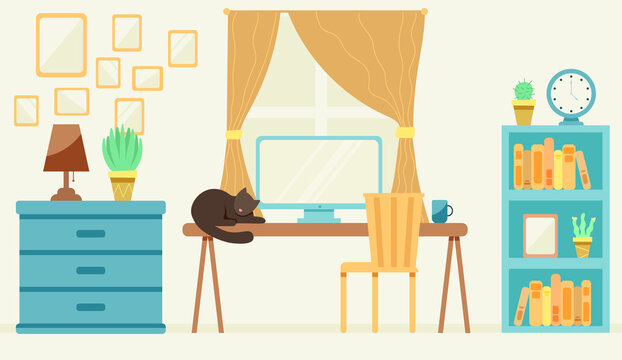 Home office concept, working from home, student or freelancer. Cute vector illustration in flat style.