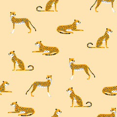 Cartoon happy cheetah - seamless trendy pattern with animal in various poses. Contour vector illustration for prints, clothing, packaging and postcards.