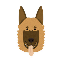 Cute German Shepherd vector portrait on white background. Hand drawn funny doggy face with tongue out. Cute cheerful pet with big ears, animal illustration. Smiling dog breed head, flat print design