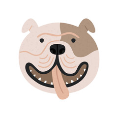 Cute English bulldog vector portrait isolated on white. Hand drawn funny doggy face with tongue out. Cartoon smiling pet, playful animal head illustration. Cheerful dog breed, flat art print design