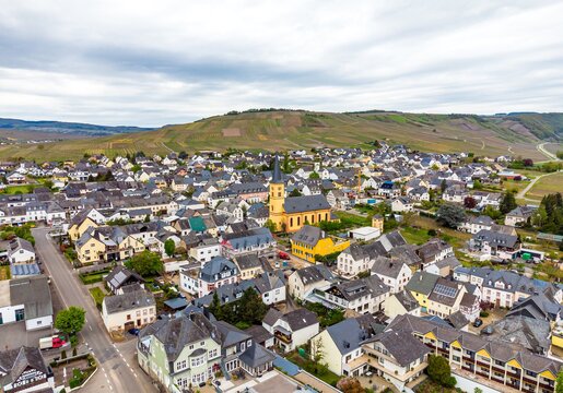 Trittenheim. Aerial view on beautiful historical town on romantic Moselle, Mosel river. Rhineland-Palatinate, Germany