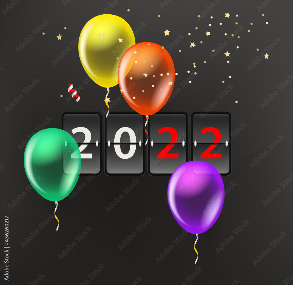 Poster happy new 2022 year vector concept with scoreboard and confetti