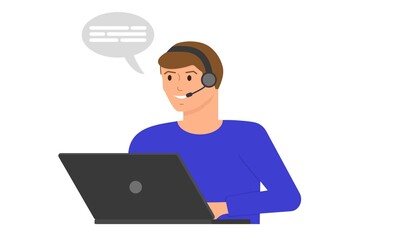 A call center employee talks to a customer using a headset in front of a laptop