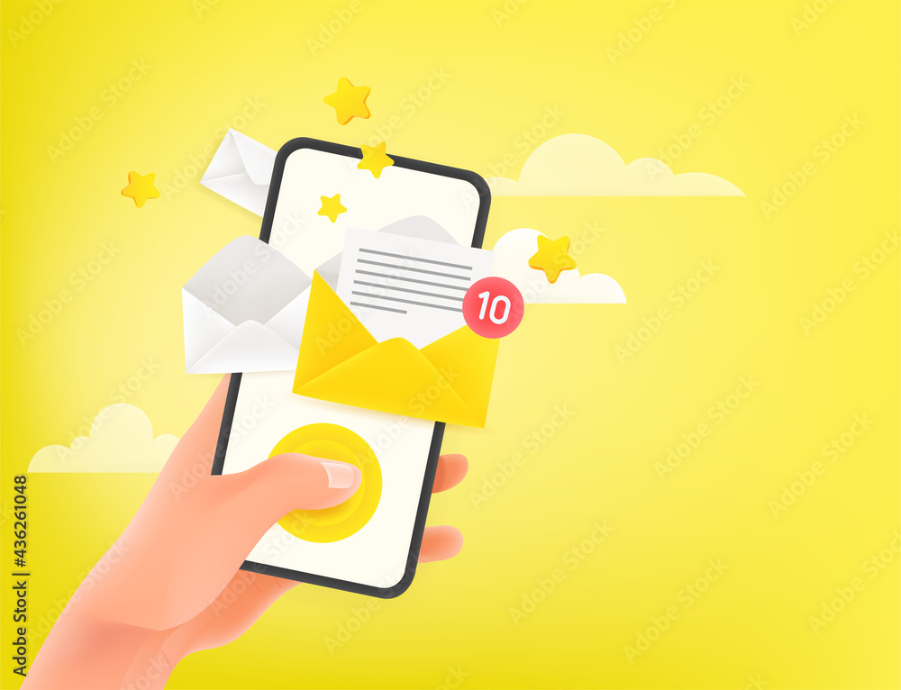 Poster open new mail messages on smartphone. 3d cute style vector illustration