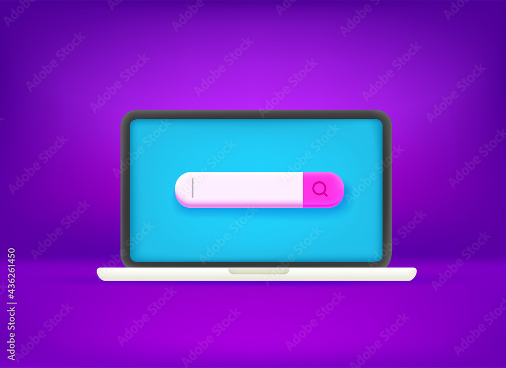 Poster searching web bar on the screen of modern laptop. 3d cute style vector illustration with vivid neon 
