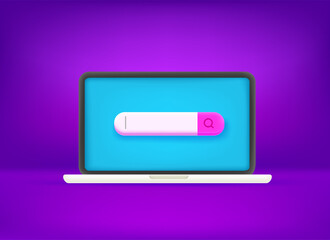 Searching web bar on the screen of modern laptop. 3d cute style vector illustration with vivid neon colors