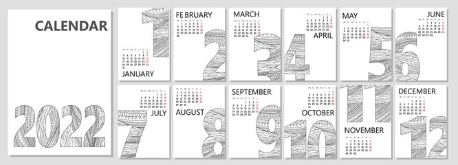 Calendar or planner 2022 trendy hand drawn abstract zentangle numerals. Cover and monthly pages starts Monday