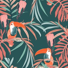 Exotic jungle plants illustration pattern with toucan bird. Abstract  floral seamless pattern. Fashionable template for design. Dark green background. © Виктор Фесюк