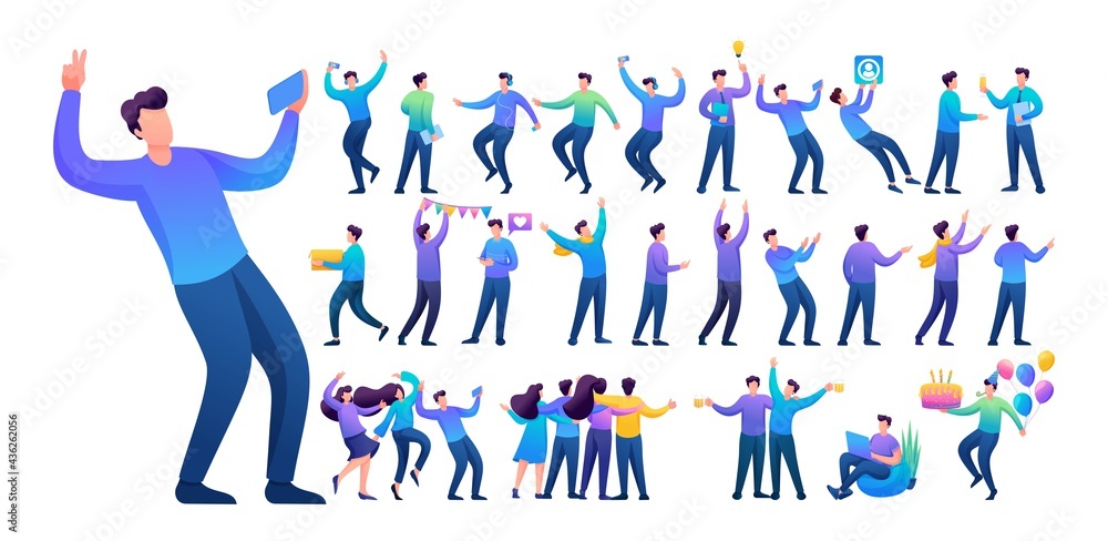 Poster set of a fun teen man. presentation in various in various poses and actions. 2d flat character vecto