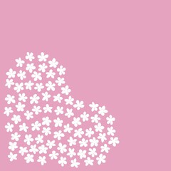 Modern Business card Design Template with heart made of white sakura flowers decoration on pink background. Template of premium gift voucher, discount coupon, Greeting card, packing. Copy space.