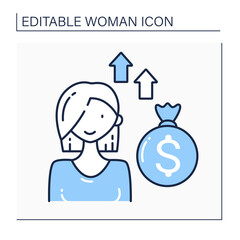 Venture female capitalist line icon. Private equity financing provided by venture capital firms or funds to startups. Business capitalism concept. Isolated vector illustration.Editable stroke