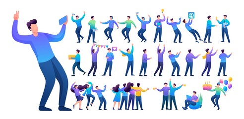 Set of a fun teen man. Presentation in various in various poses and actions. 2D Flat character vector illustration N9