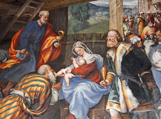 Obraz na płótnie Canvas adorazione dei Magi (particolare); affresco del Pordenone nella basilica di Santa Maria di Campagna a Piacenza