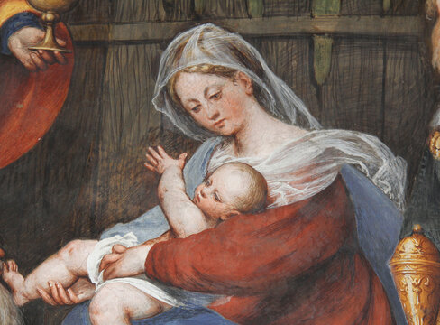 madonna con Bambino (particolare dell'adorazione dei Magi); affresco del Pordenone nella basilica di Santa Maria di Campagna a Piacenza